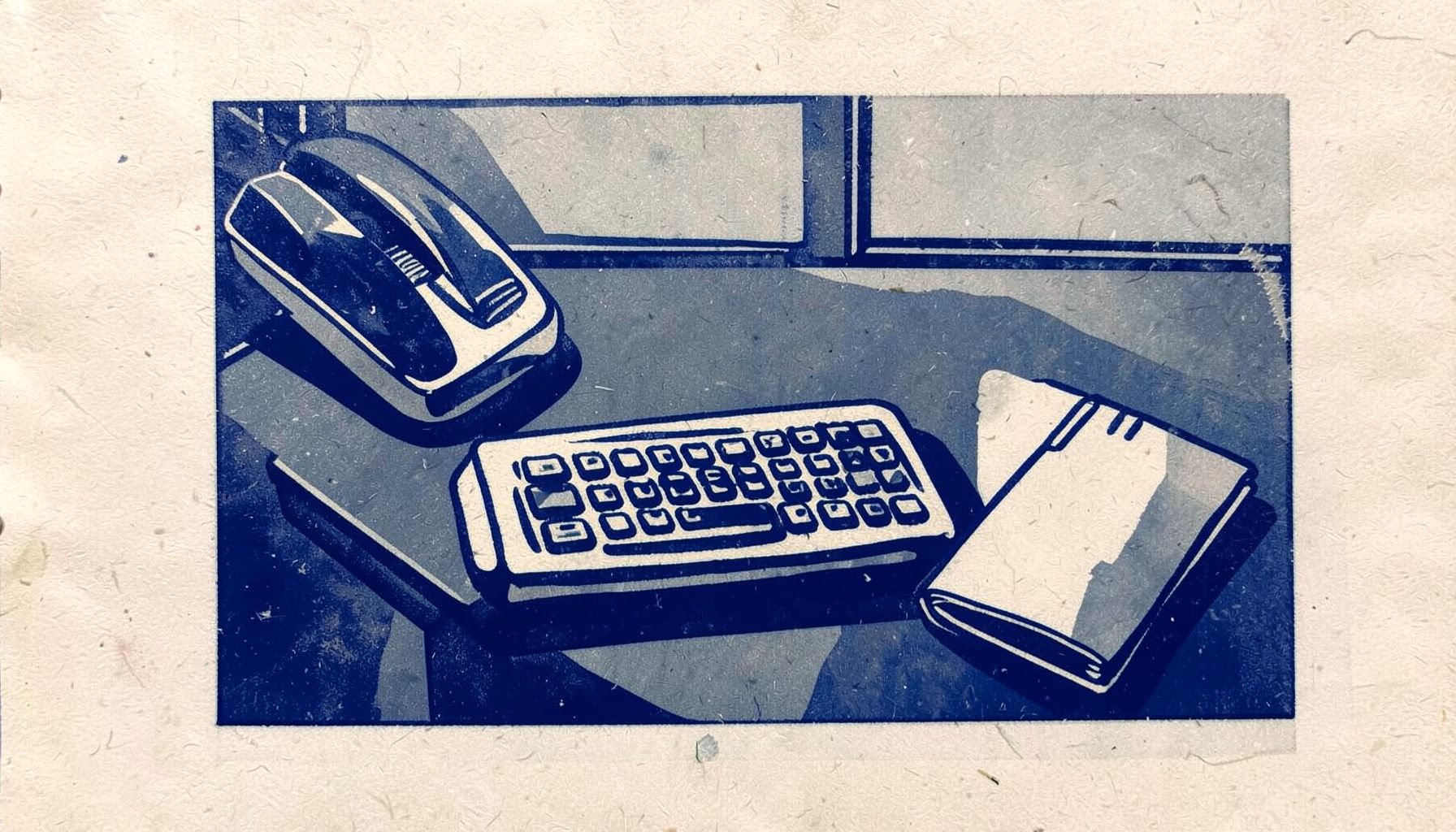 A linocut relief print of a clean, modern office desk with a telephone, keyboard, and a notepad, rendered in deep navy blue, slate grey, and cream tones against a textured paper background.