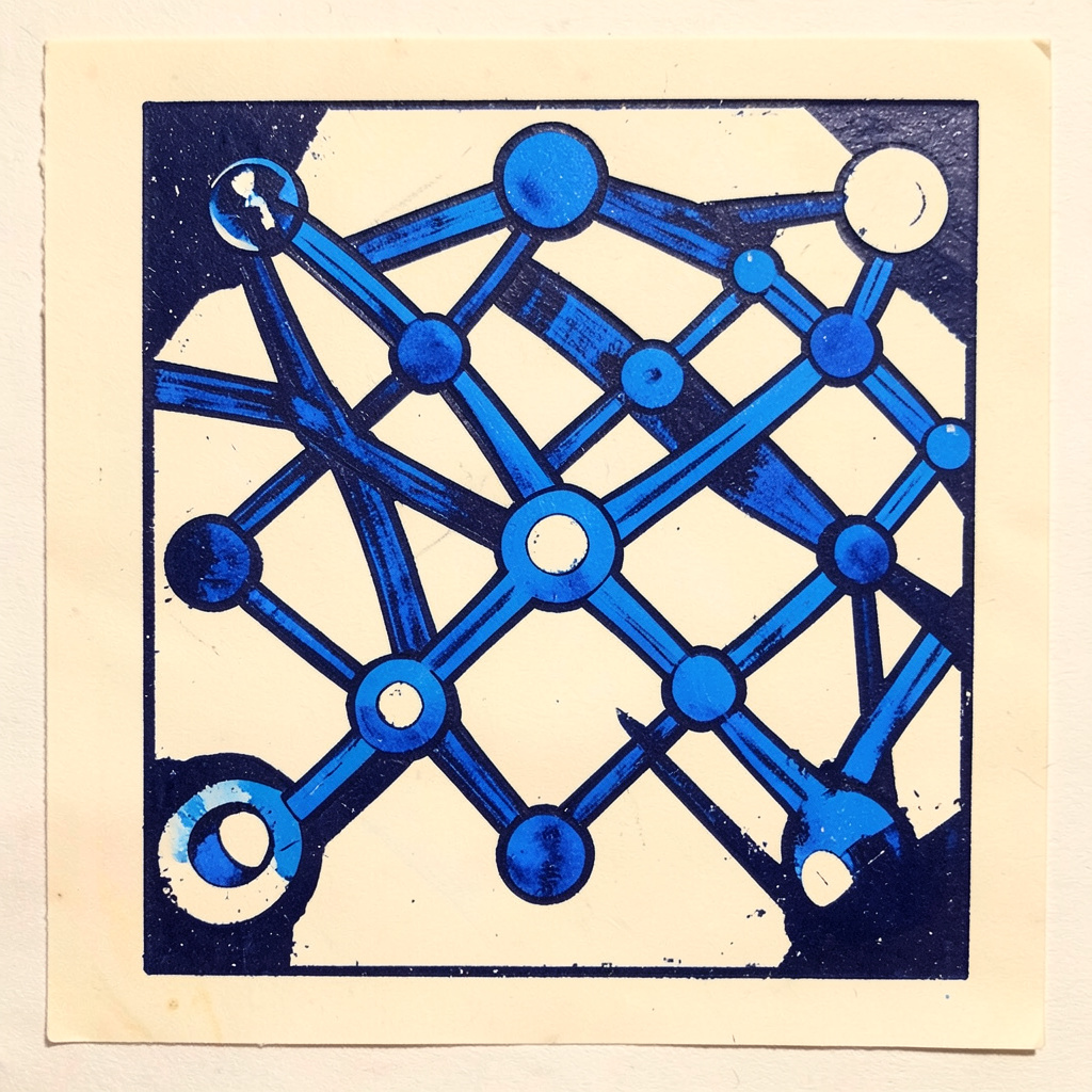 A linocut relief print of interconnected nodes and pathways forming a network, with bold navy and electric blue shapes on a warm off-white background, conveying digital connection and communication.