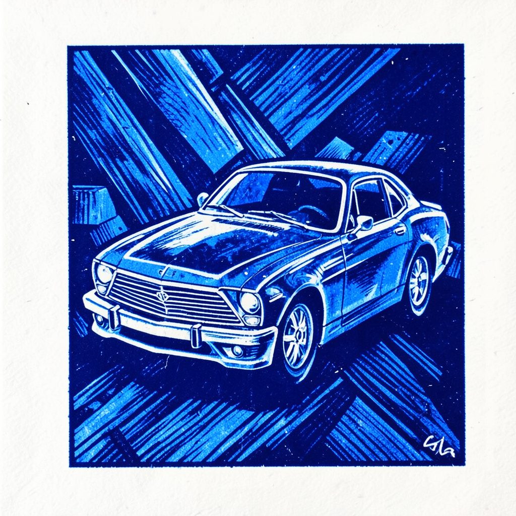 A carved linocut relief print of interlocking hands and gears symbolising partnership and collaboration, in navy blue and cream tones
