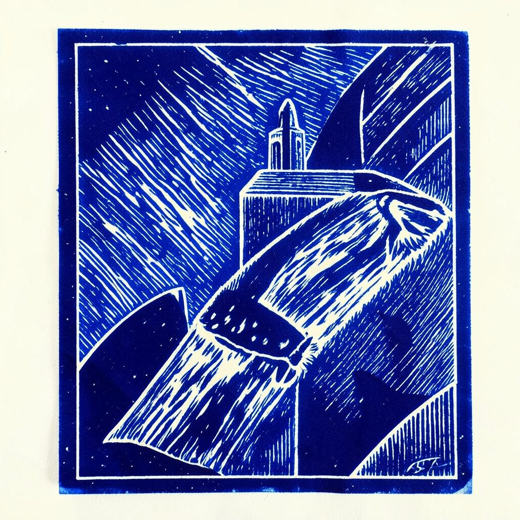 Carved linocut relief print in deep indigo and white depicting a layered document with checkmarks, representing a structured test plan