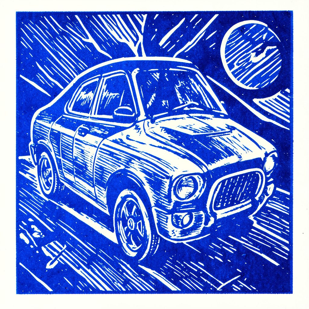 Linocut style relief print of a checklist and gears in deep navy and blue tones suggesting an organized agile testing plan