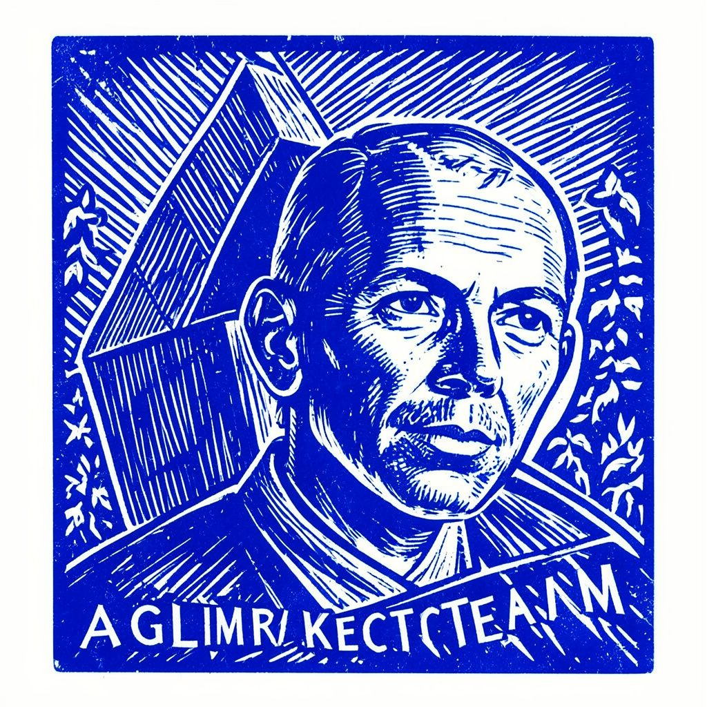 Carved linocut relief print portrait-style icon in blue and white of a person's head and shoulders in profile