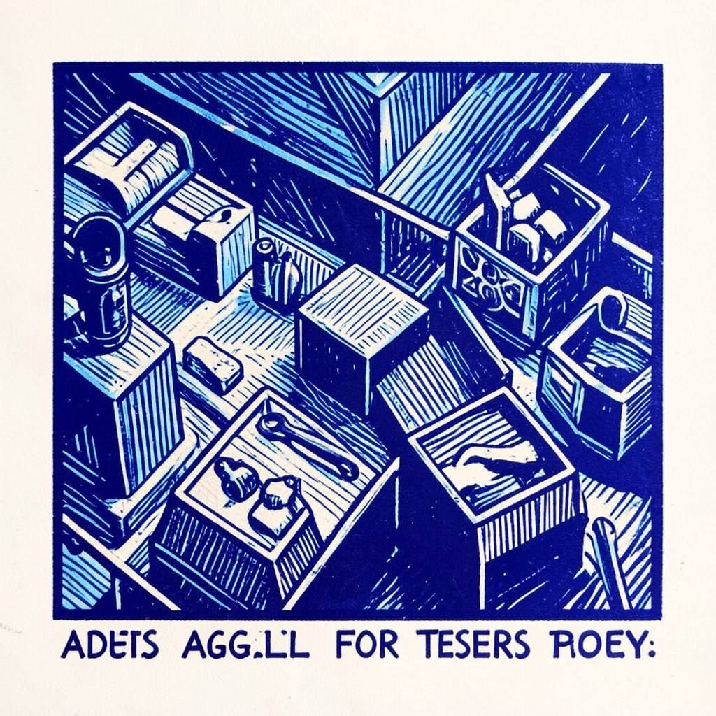 Carved linocut relief print in navy and white of a rotating cycle arrow surrounded by small checklist icons, representing agile testing cycles