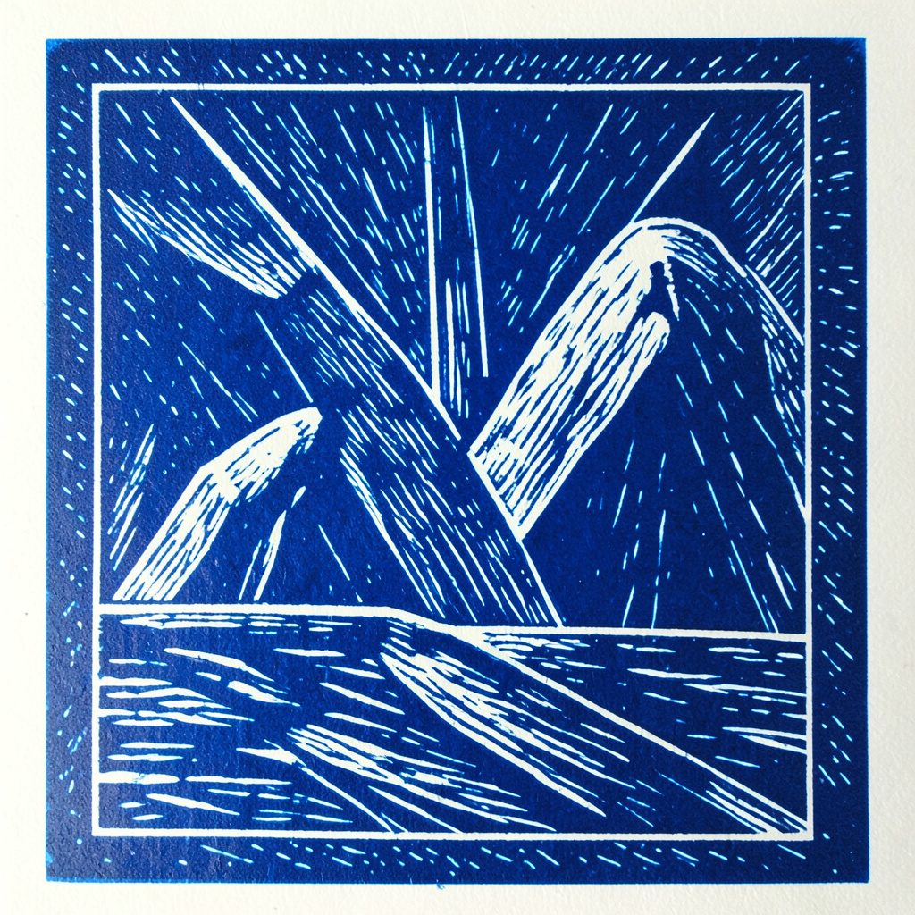 A carved linocut relief print of a shield-like emblem surrounded by interlocking gears in deep navy blue and white, conveying stability and quality assurance