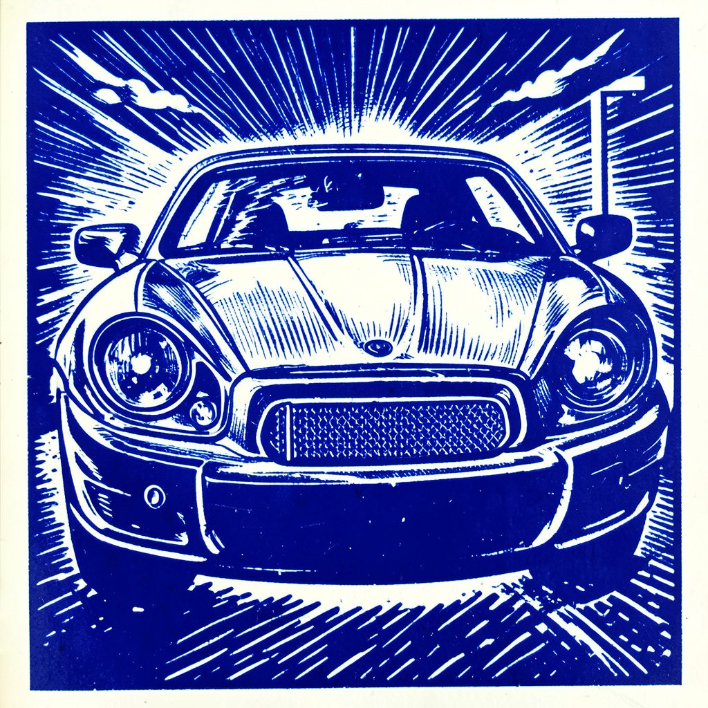 Carved linocut relief print in blue and cream tones of gears and a computer screen, symbolizing automated software testing