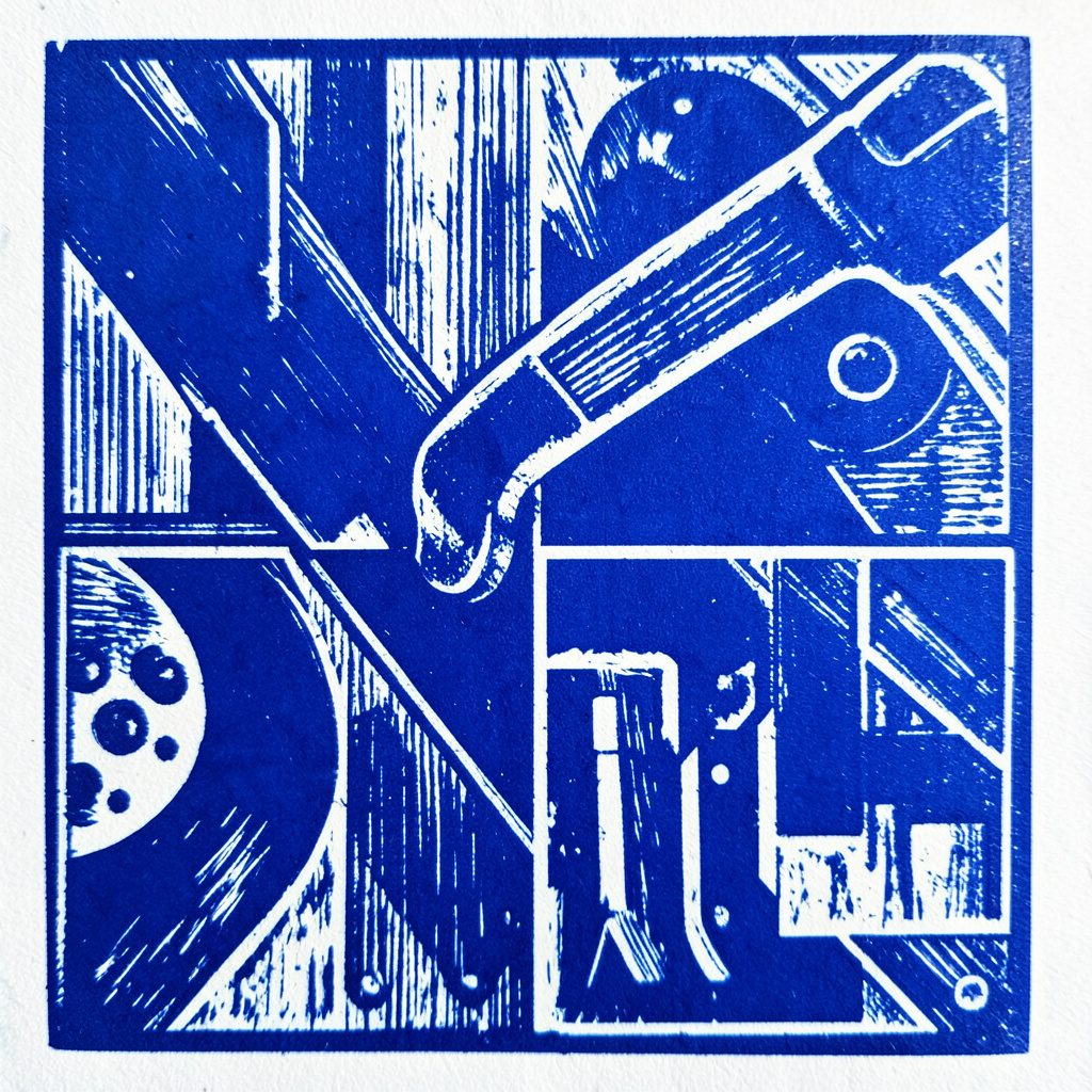 Carved linocut relief print in navy blue and white showing interlocking gears and a checklist, evoking a structured testing and DevOps workflow