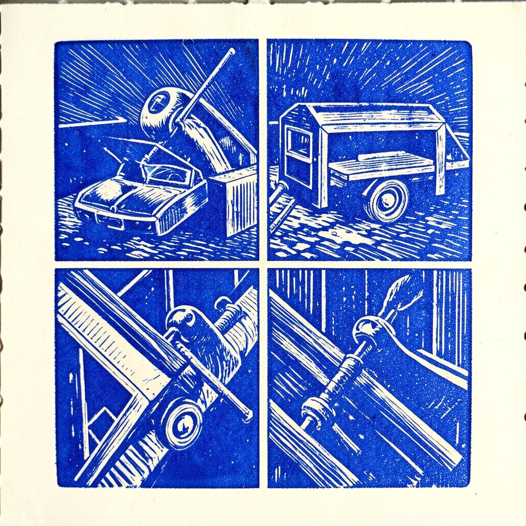 Carved linocut relief print portrait-style icon in blue and cream of a person's head and shoulders in profile