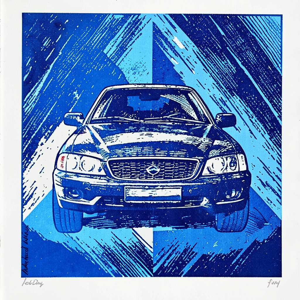 Linocut-style relief print in deep navy and blue tones showing stylised technology conference banners and abstract screens, evoking a professional Microsoft-focused tech event