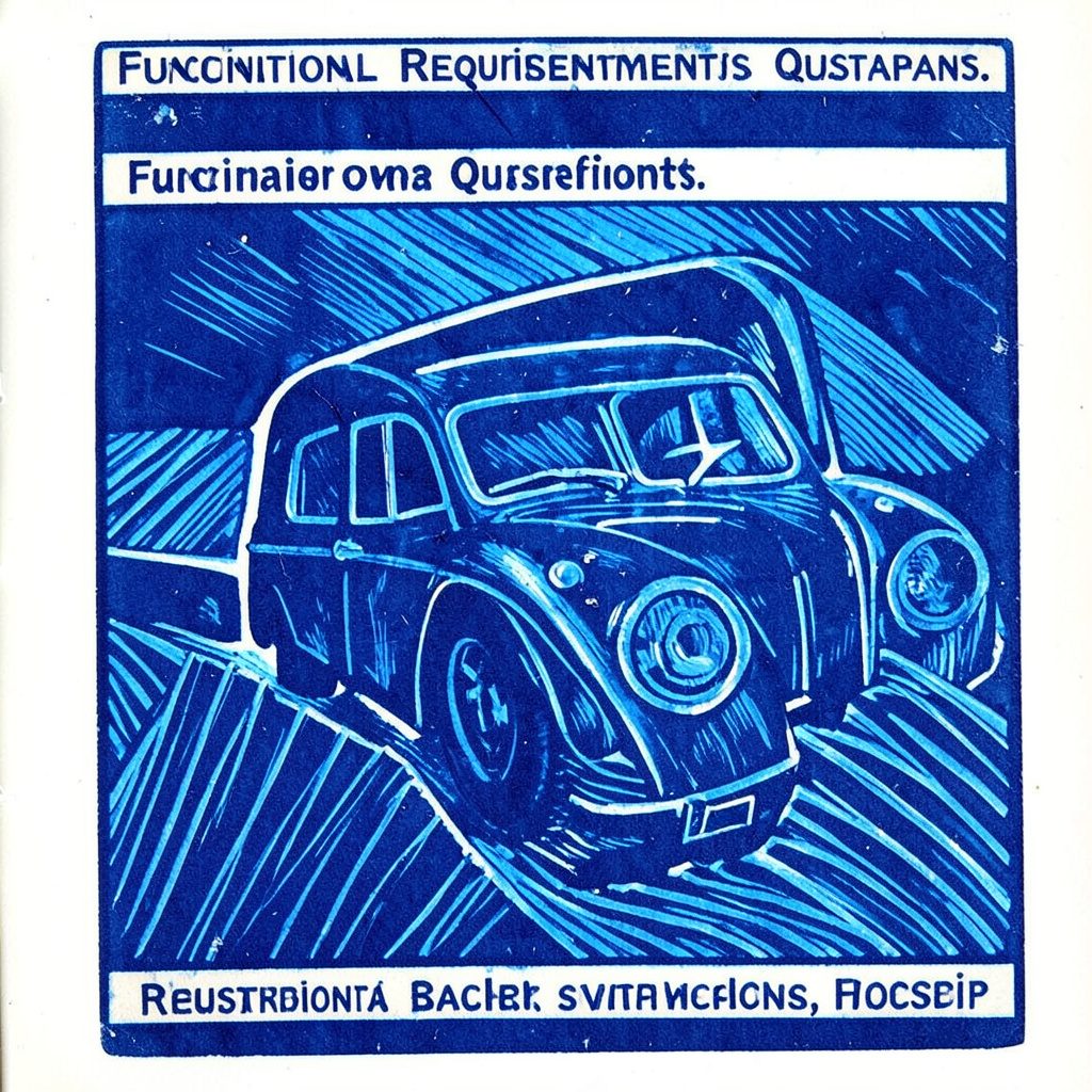Linocut relief print in navy and blue showing a stack of documents and a checklist form, representing a formal assessment questionnaire