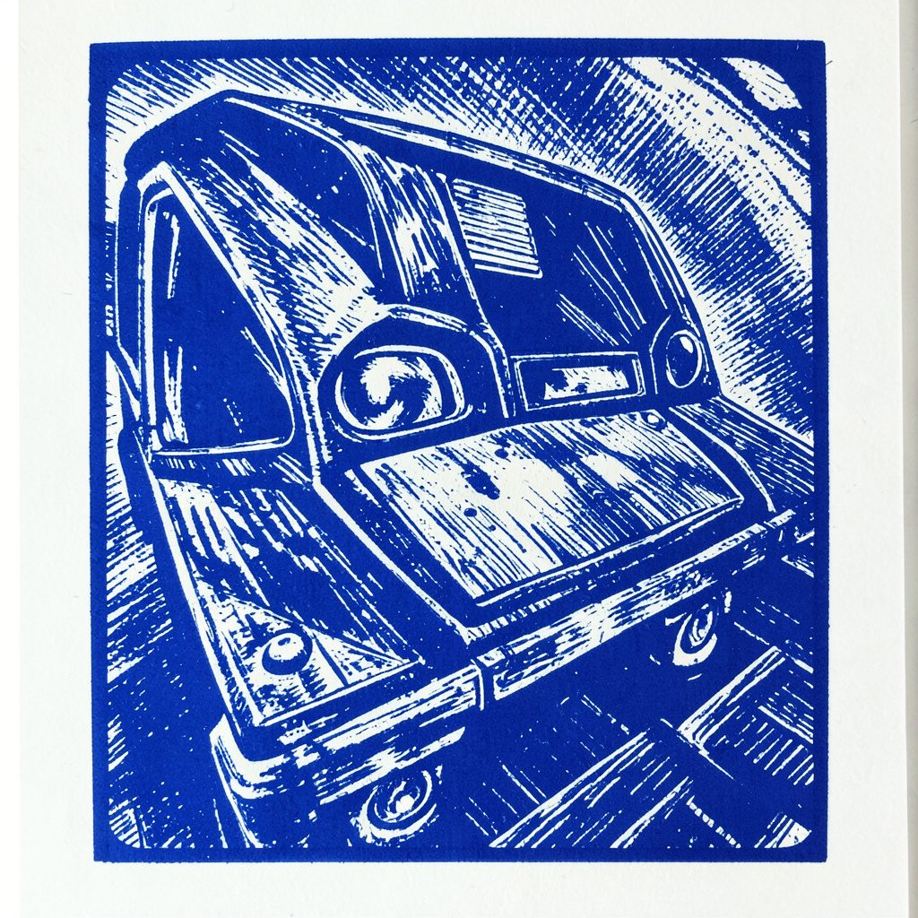 Carved linocut relief print in blue and white showing a speedometer-style dial and rising bars, representing performance engineering