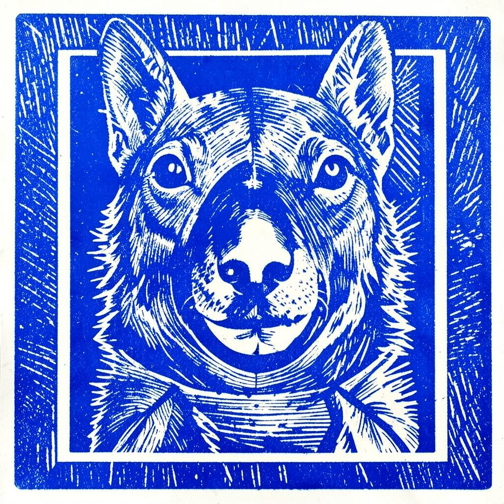 Carved linocut relief print of a shield and lock motif in navy and blue, conveying a secure, protective mood